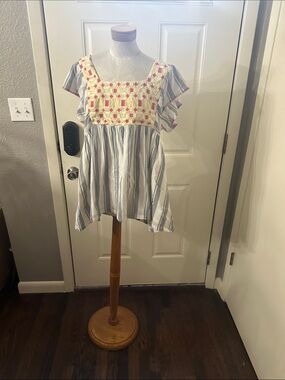Striped Square-Neck Peasant Blouse with Yellow & Pink Embroidery
